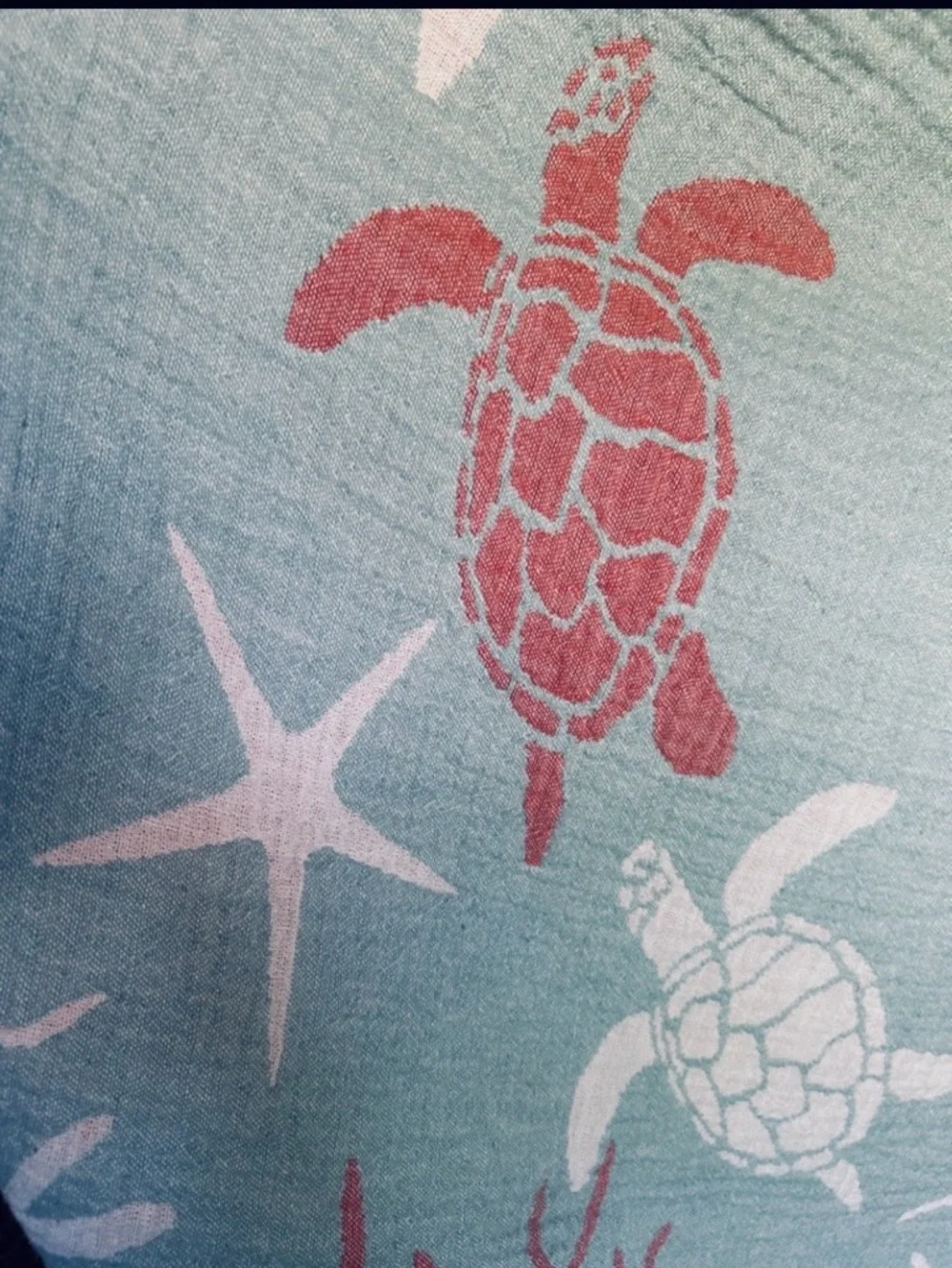 Woven Coastal Turtle 2 Side 100% Cotton Beach Towel Green + Coral NEW